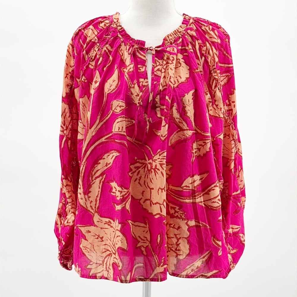 Calligraphie Cotton Balloon Sleeve Ruffled Boho Blouse in Hot Pink - NEW - Large